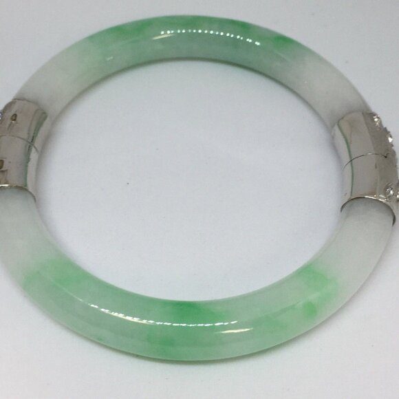 Authentic Jadeite Hinged Bangle Bracelet wtih 14K White Gold and Diamonds - Picture 1 of 8